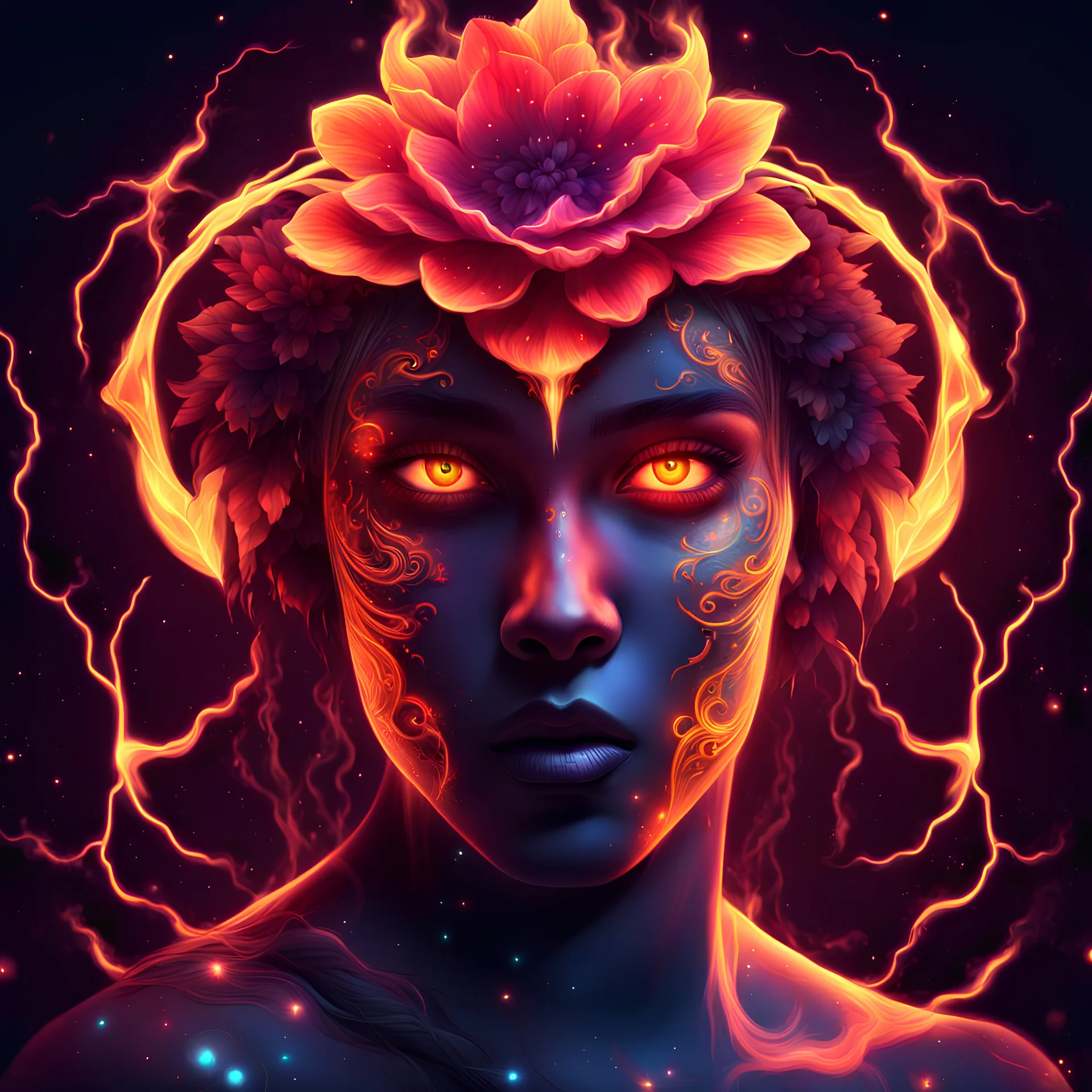 neon, abstract, amazing shadow and lightning, 4k, cinematic, glowing eyes, cosmic, beautiful face, dream, space, stars, amazing, art, glowing, fire, fantasy, ultimate, insane, digital painting, watercolor, flowers, flower background, pagan, runes