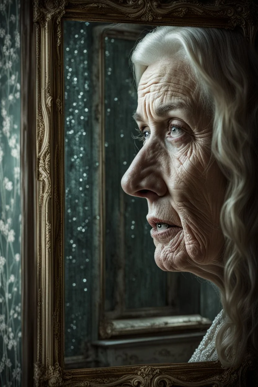 a young woman watching in a mirror, with subtle glimmers portraying the suspense and shock as the mirror reveals an old woman face