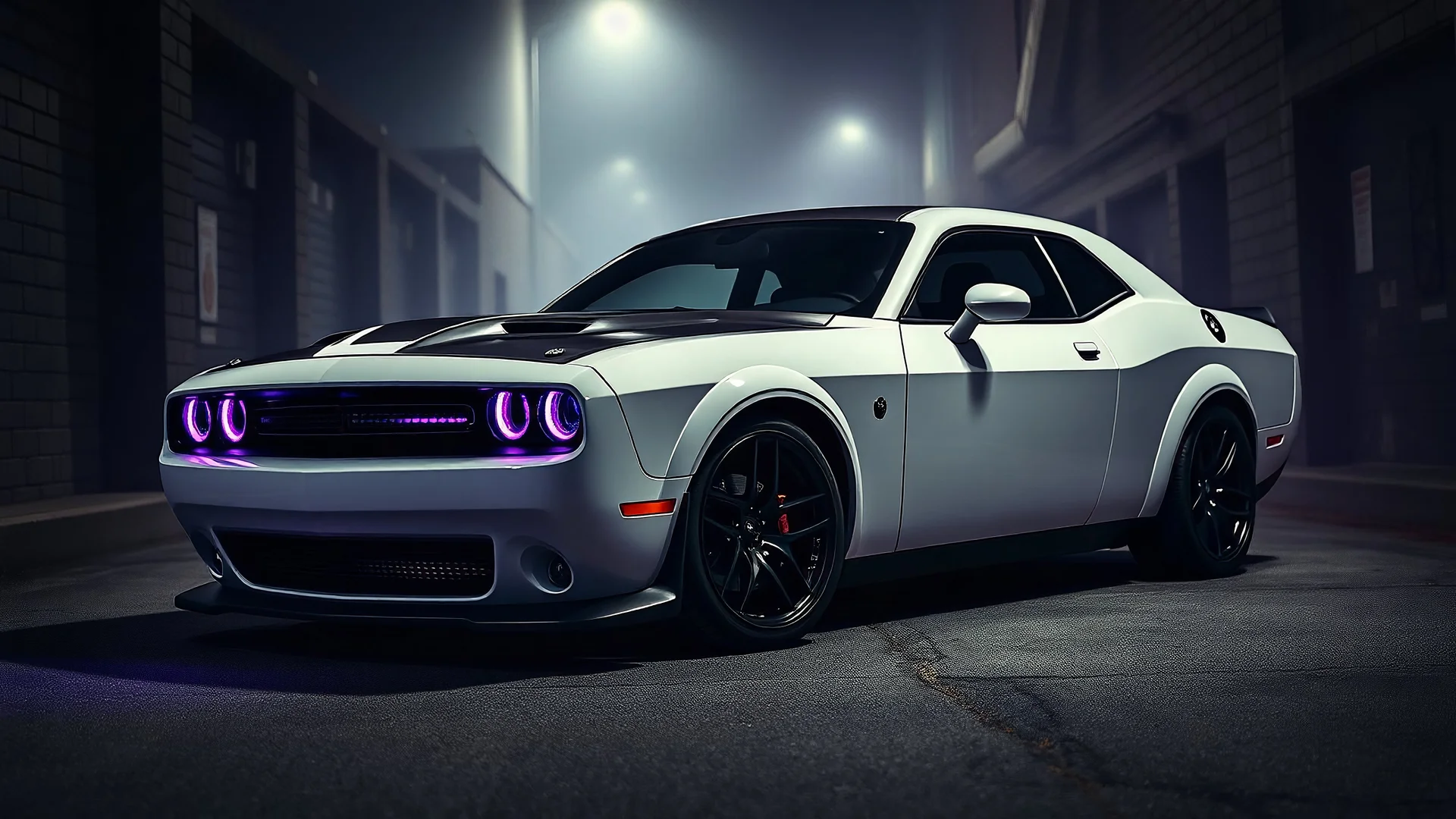 "An armored Dodge Challenger 2024 with a gloss black and glossy white fusion, featuring purple accents on the armor plating, spoilers, and rims. Tinted windows and deep purple headlights add to its mysterious vibe. The car sits low with black concave mega mesh wheels, set in a dark, foggy alleyway at night, exuding an ominous presence."