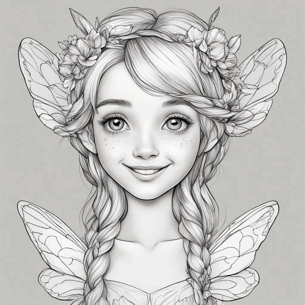 realistic FAIRY, adult, face view, cute, smile, beautiful, full view, realistic, coloring page, only draw lines, coloring book, clean line art, wildlife-inspired, kid style, –no sketch, color, –ar 3:4, white background, minimalistic black lines, 8k, minimal black color, low level black colors, coloring page, use pure black and white colors, avoid thick black colors, thin black line art, avoid colors, perfect shape, perfect clear lines, clear edges,