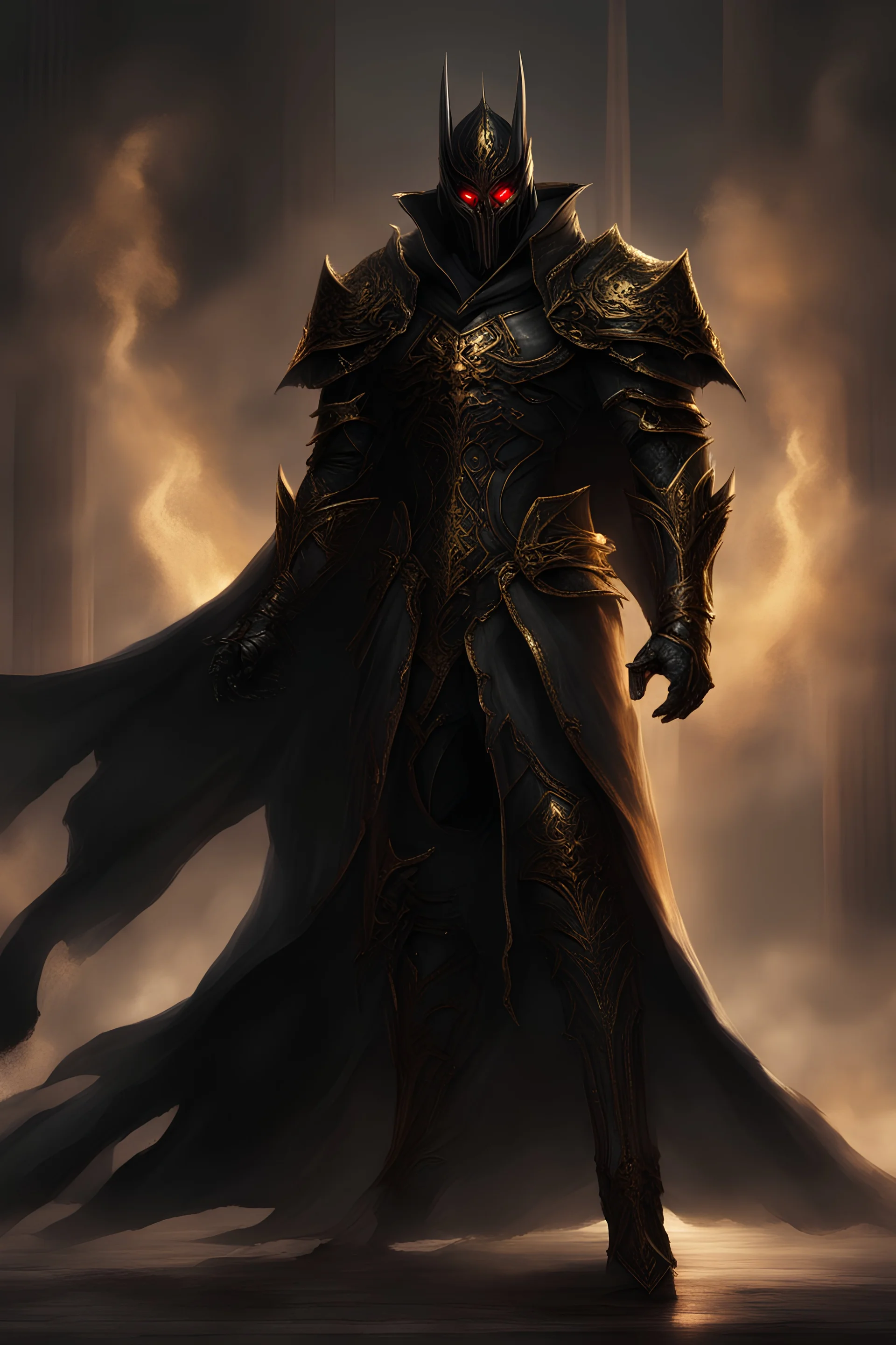 handsome Dark lord in black and gold armor with grey skin and red eyes, and a ghostly black flowing cape
