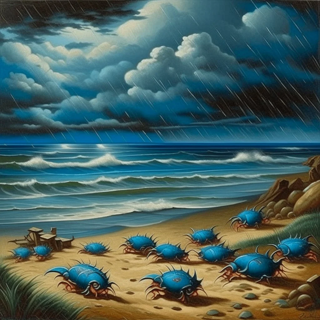A blue beach with crabs in a rainstorm painted by Thomas Hart Benton