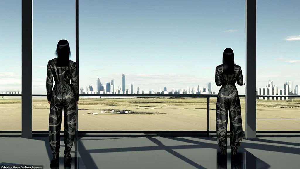 Tall thin woman, with straight black hair, dressed in a camouflaged jumpsuit, looking out from the rear of a futuristic aircar, on a tarmac runway, with a city skyline in the distance