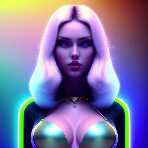 portrait in oil of busty beautiful longhair blonde woman, sweety, purpurin, skintight latex dress, gradient color, BLUE, PINK, CYAN, neon, insanely detailed, 16k resolution, perfect BIG Green eyes, cinematic smooth, intricate detail, in the style of Kaare Andrews