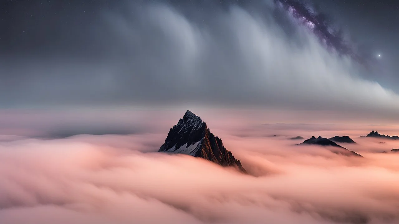 A surreal night-time scene featuring a sharp mountain peak rising through a thick layer of fog. Only one single peak is visible, The mountain's dark, jagged silhouette contrasts against the soft, pastel hues of the fog illuminated by moonlight. Above, the night sky is adorned with countless stars and a segment of the Milky Way, adding a sense of wonder and vastness to the scene. The overall atmosphere is mystical and serene, capturing the beauty of nature in a high-resolution, panoramic view