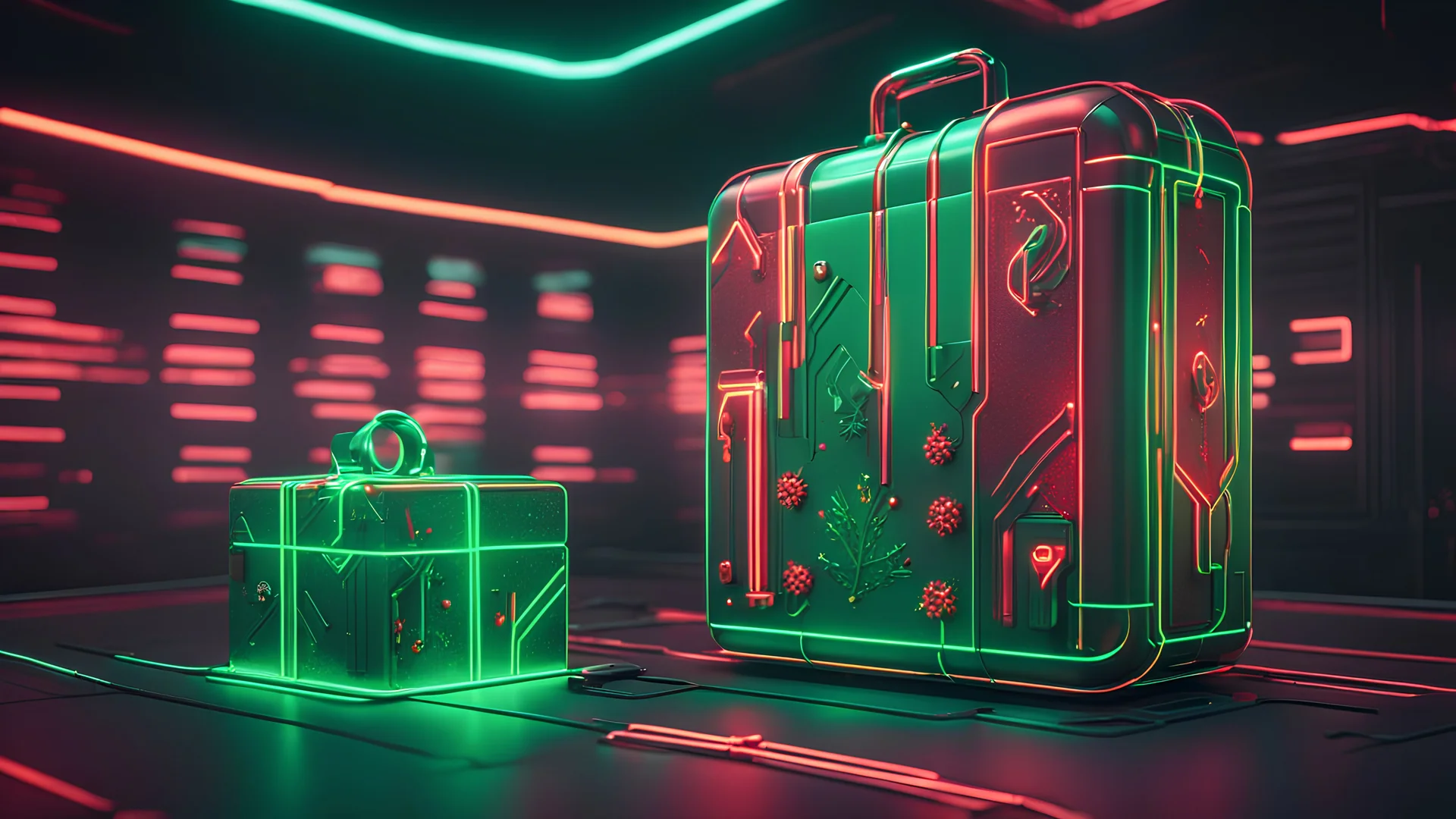 (ivory, black, gold, green, red) Cyberpunk Christmas 3D illustration of beautiful science fiction, Cyberpunk glow glowing gifts and New Year elements illustration neon artificial technology beauty cyber, smooth 3D digital art, exquisite 3D rendering, 4K, blender, c4d, octane rendering, 3D Disney style lighting, Zbrush sculpting, highly detailed realistic fabric, concept art, high detail Zbrush, Pinterest Creature Zbrush HD sculpture, neutral ligh
