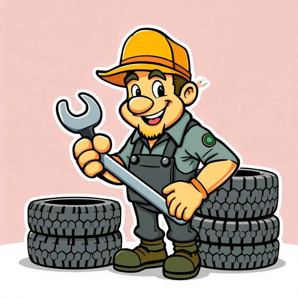 retro cartoon company mascot of a vehicle mechanic with a hint of forest ranger, holding a torque-wrench and next to a stack of tires