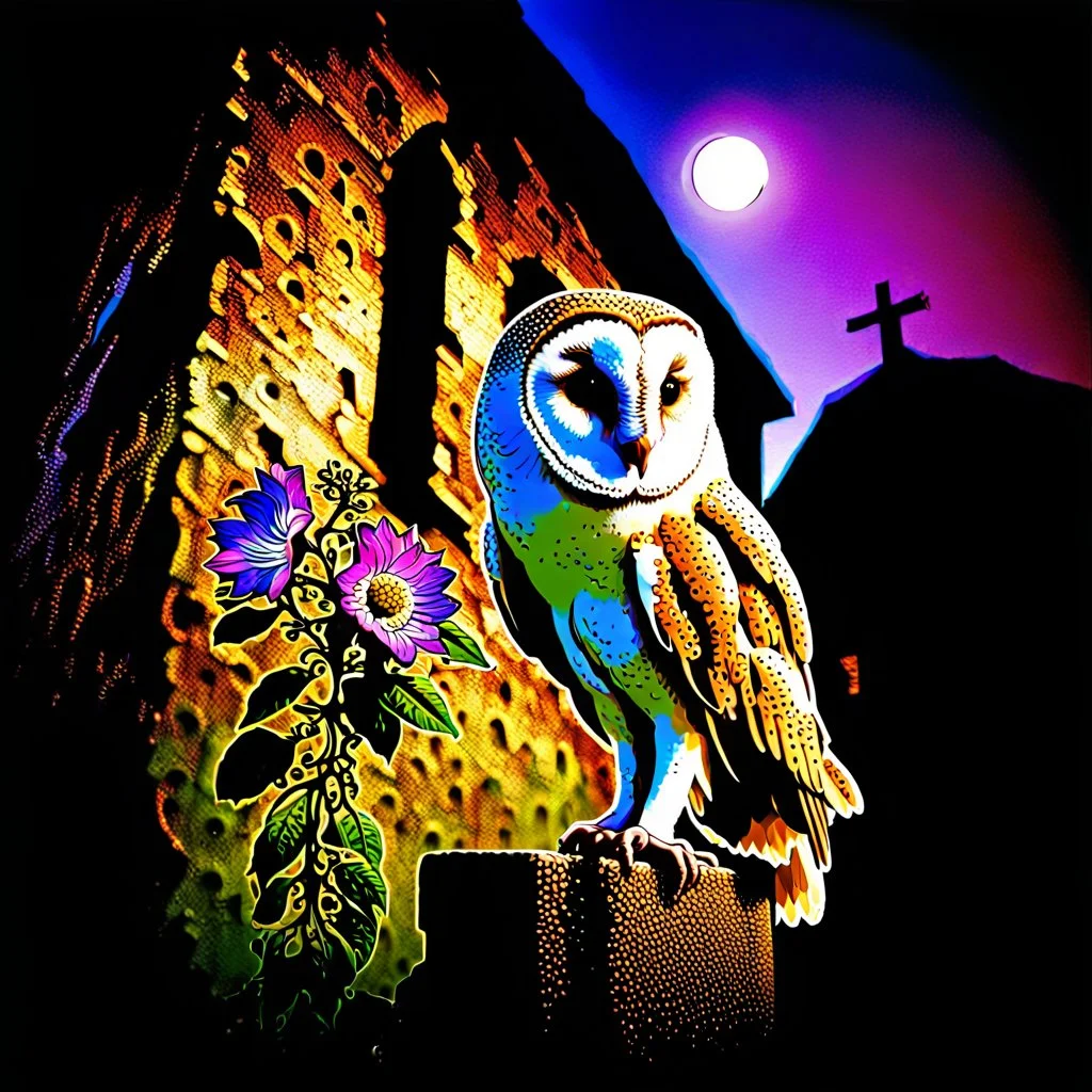 Adobe Promp: On a wall, a close up of a barn owl, side view, in a lavish background of blooming passion flowers. In the background in the distance an old ruin. A fisheye effect, a small depth of field, a sloppy look, a vintage atmosphere. a botanical image. Glamour glow, beautiful light.