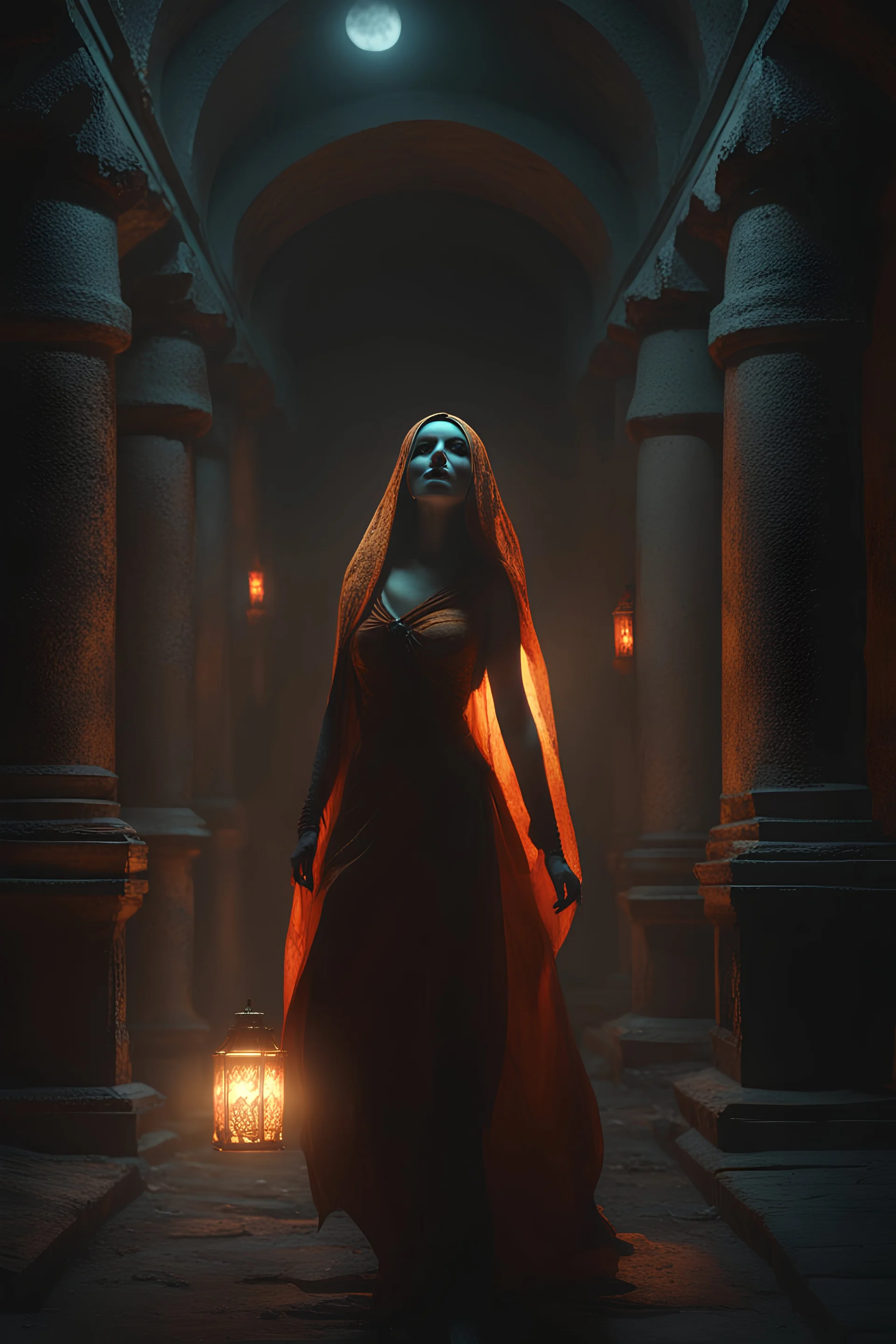 The high priestess of the god of death walking through catacombs . Cinematic lighting, Volumetric, lighting, Epic color composition, the , octane render,