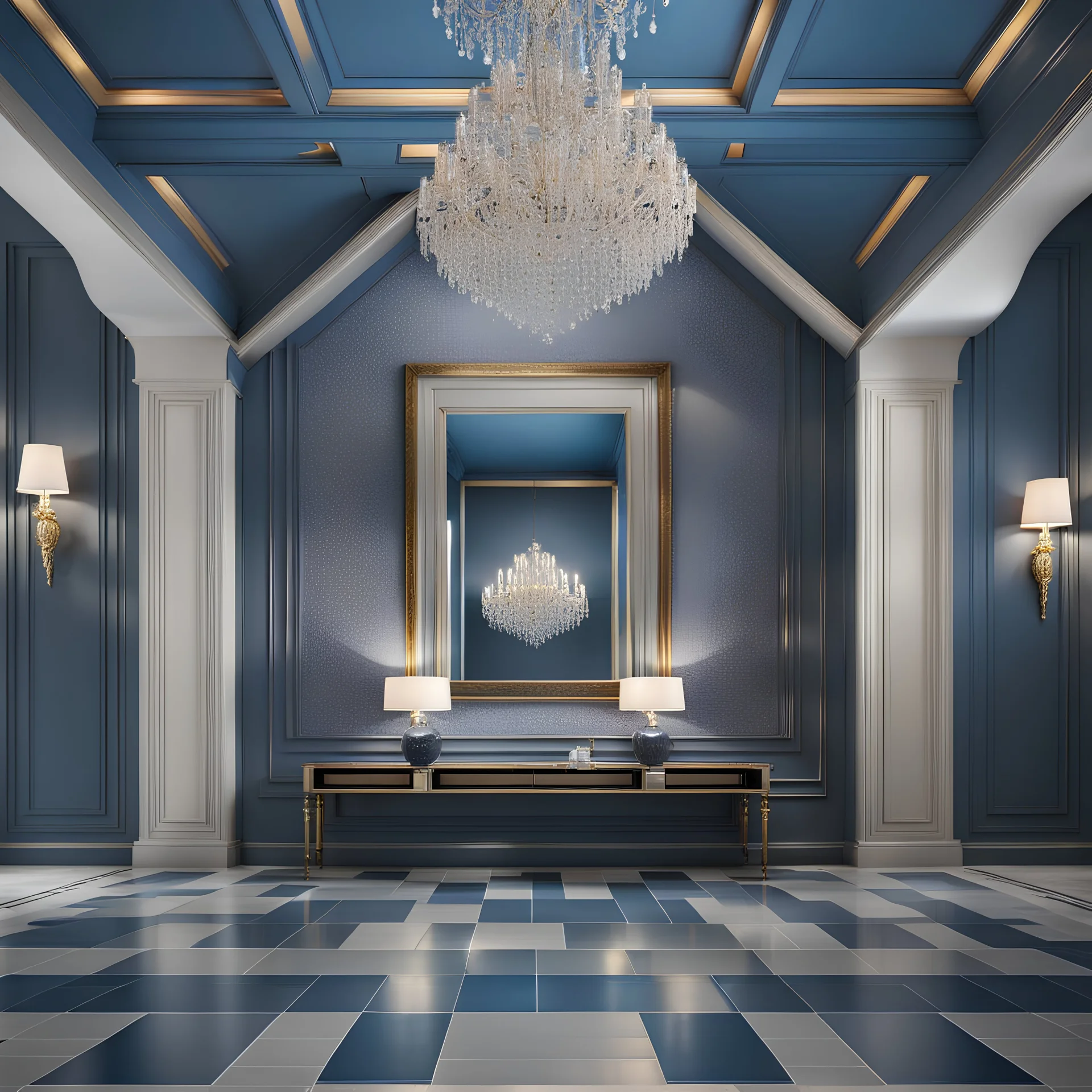 luxury hall ,tiled blue and gray large floor,