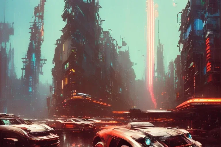 Art by John Berkey and John Harris and Craig Mullins, futuristic cyberpunk city, high rise, smooth, sharp focus, hyper detailed, digital painting, elegant, centered, detailed, neon signs, volumetric lightning, brutalist architecture, 8k, flying hover cars