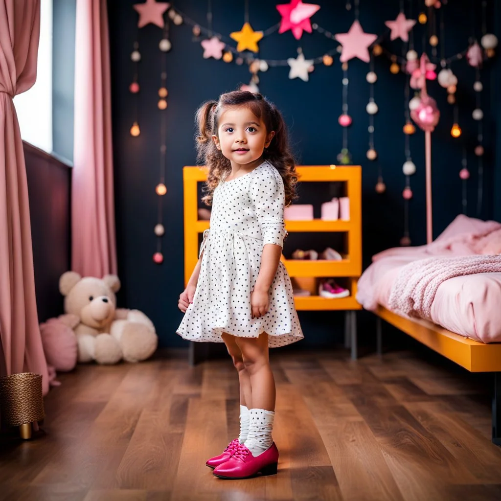 a 4 years old azeri girl in modern clothing and makeup standing pose with cute and joy with pertty shoes in a baby bedroom