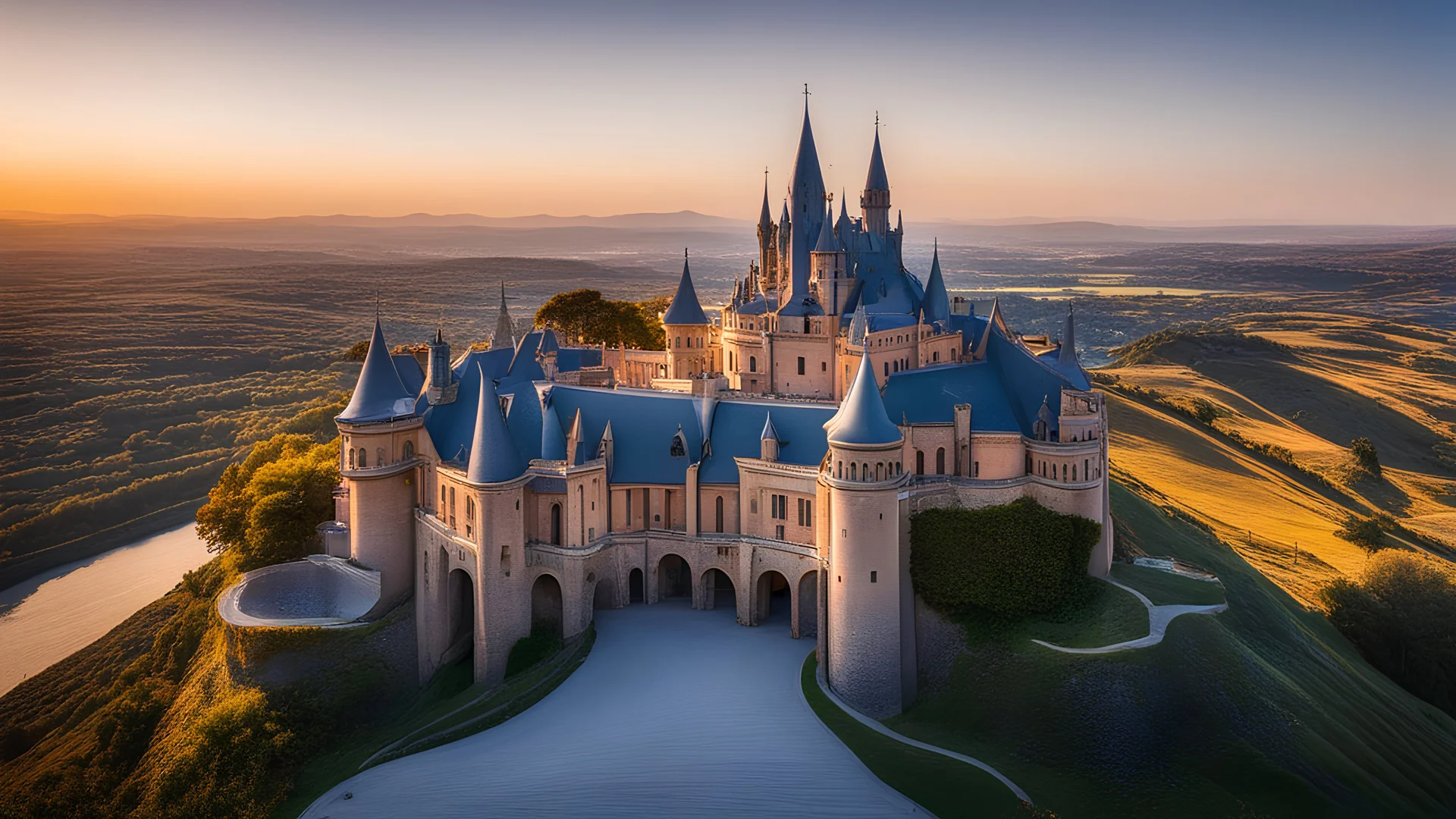 2055, rule of thirds, delightful, sensitive, confident, undulating sinusoidal castle with pointed hyperbolic roofs, delicate, sunrise, symmetrical, exquisite architecture, innovative design, perfect symmetry, award-winning photograph, beautiful composition, filled with beautiful detail, delicate colour, chiaroscuro