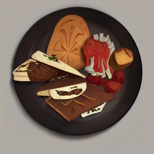 Plate full of fake food with old stuff around in a dark room