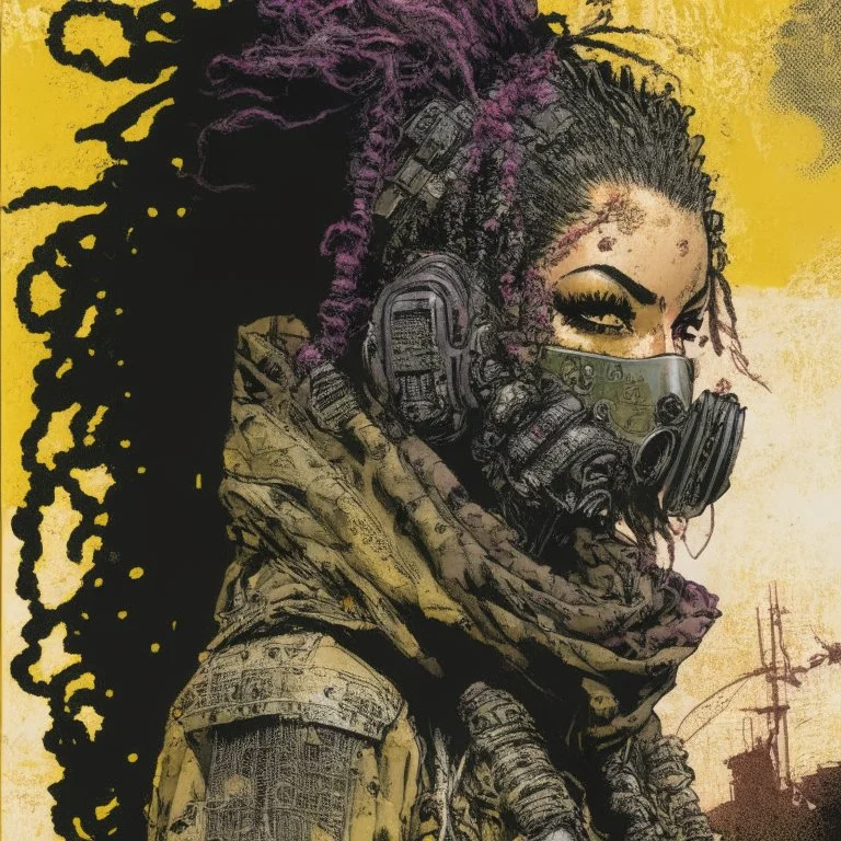 front facing full length portrait illustration of a grunge armored female with beaded dreadlock hair cyberpunk vampire mercenary with gas mask, telecommunications headset, and shemagh, highly detailed with gritty post apocalyptic textures, toxic irradiated landscape, finely detailed facial features and hair, in the graphic novel style of Bill Sienkiewicz, and Jean Giraud Moebius, with elements of collage, mimeograph, and pen and ink