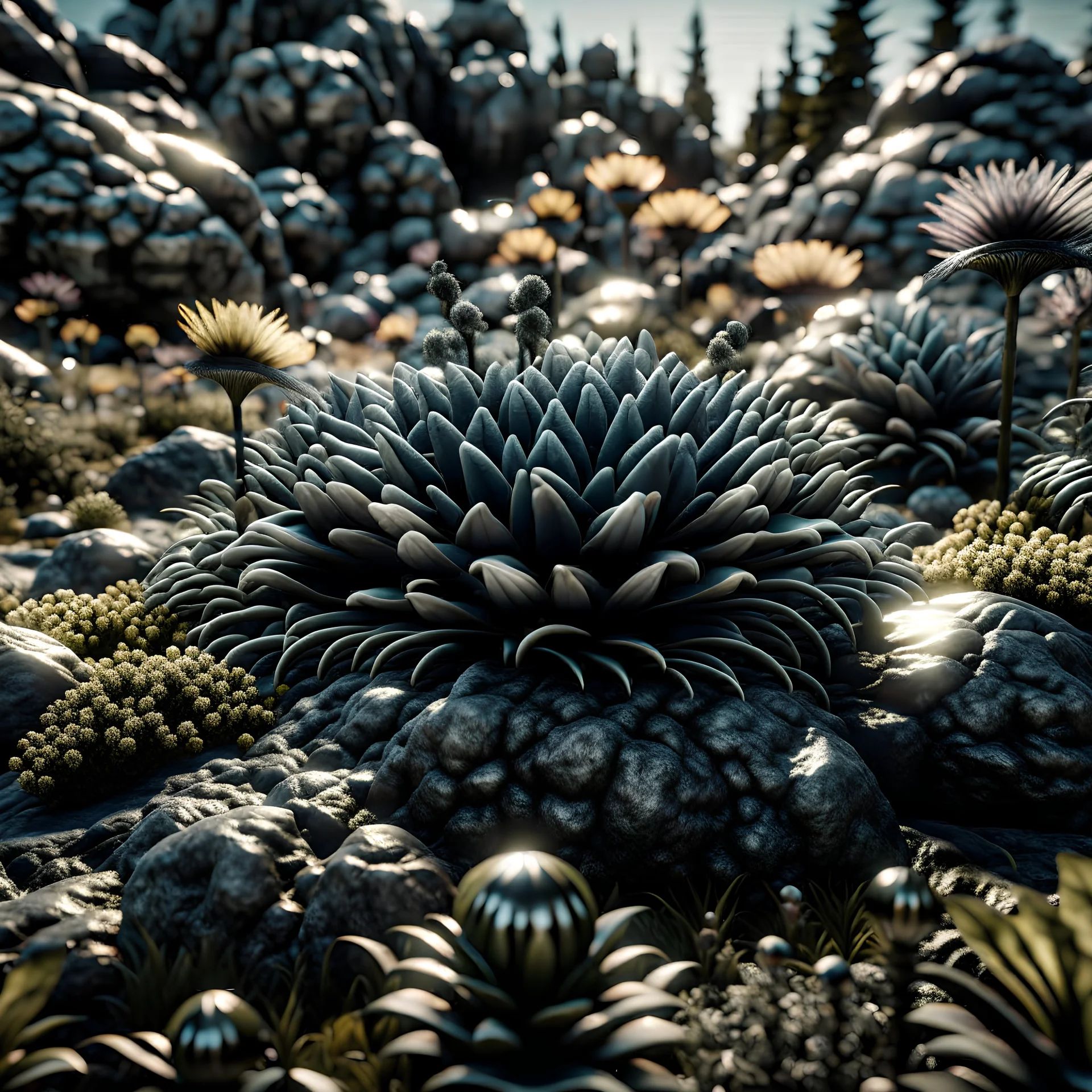 A striking photograh close-up captures a hyperrealistic wasteland with group of plants and glossy material, adorned with rocks. Magnificent. Henri Rousseau. Volumetric light. Shot on Kodak Portra 160 professional, eerie, giant black sun, 8k, deep 3d field, odd flowers, rock formations, strong texture, extreme detail, intricate, colours, rich moody colors, sparkles, bokeh, 33mm photography, details of the flowers and rocks very accentuated