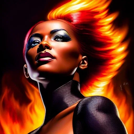 Ultra detailed fullbody Portrait in oil on canvas of X-men -beautiful female dark phoenix on fire,extremely detailed digital painting,ultrarealistic skin,intense stare, extremely detailed face, crystal clear eyes, mystical colors ,perfectly centered image, perfect composition, rim light, beautiful lighting,masterpiece ,8k, stunning scene, raytracing, anatomically correct, in the style of uncannyknack and Ohrai Noriyoshi and robert e howard and Steve Jung and Wizyakuza and Simon Bisley.