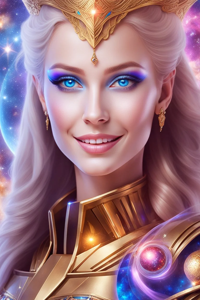 cosmic woman smile, admiral from the future, one fine whole face, crystalline skin, expressive blue eyes,rainbow, smiling lips, very nice smile, costume pleiadian, Beautiful tall woman pleiadian Galactic commander, ship, perfect datailed golden galactic suit, high rank, long blond hair, hand whit five perfect detailed finger, amazing big blue eyes, smilling mouth, high drfinition lips, cosmic happiness, bright colors, blue, pink, gold, jewels, realist, high,rainbow commander