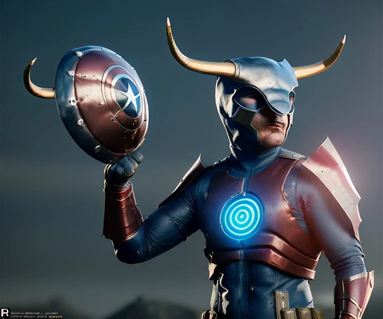 Superhero, bullseye mask, horns, cape, shield, jellyfishsombrero, metal, steel hands, strong, chest plate, gloves, pauldrons, pressurized boots, radium, sleeved