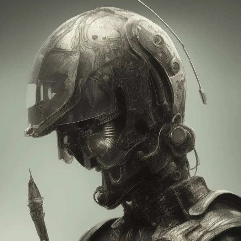 cyborg man portrait in medieval helmet japanese style