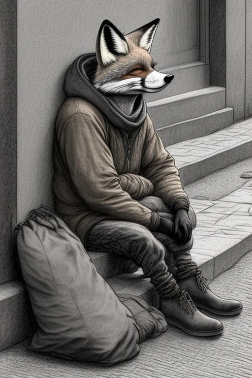 One single mature homeless fox with worn out clothes, sleeping in a corner on the street, Vienna, mourning, model style, hyper realistic, extremely accurate, delicate, extremely detailed, Graphic novel style, wide-angle, open aperture, superfine pencil