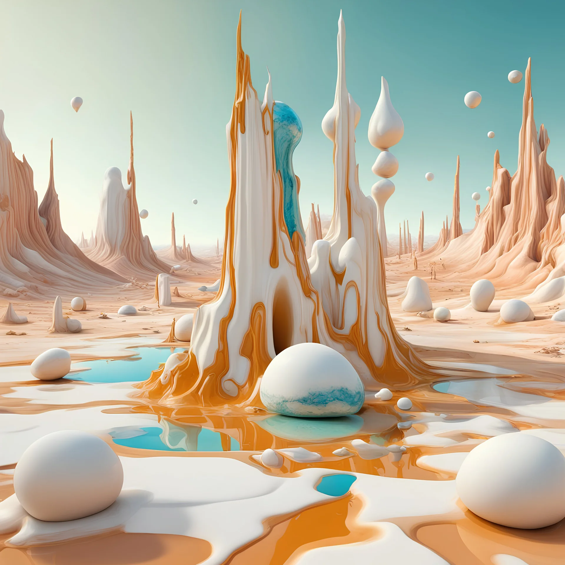 Bright, glittering, 3d, marble-like, surreal objects in a bright environment, desert, noon light, melting cream, Yves Tanguy style