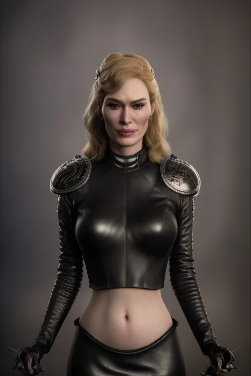 Cersei Lannister as evil mistress in black leather, dominatrix, bdsm, busty, cleavage, curvy, lena headay, angry, stern look. character design by cory loftis, fenghua zhong, ryohei hase, ismail inceoglu and ruan jia. unreal engine 5, artistic lighting, highly detailed, photorealistic, fantasy