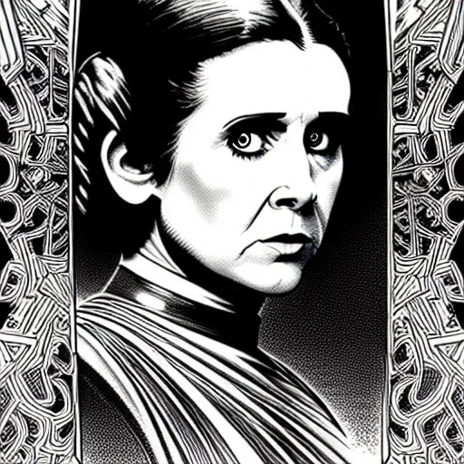 hyper detailed, black and white, thin line, coloring book illustration, lineart, stunningly beautiful princess leia, drew struzan