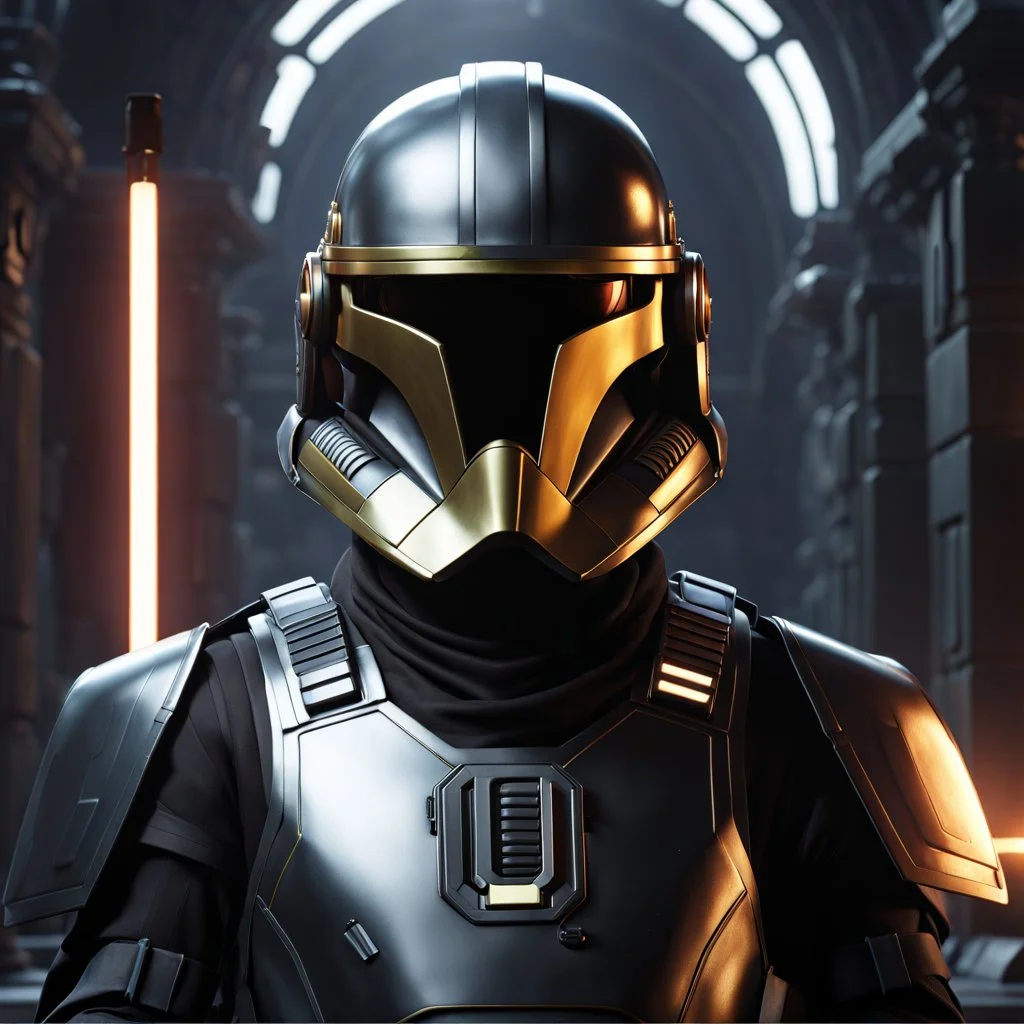 star wars bald male corellian pilot wearing pearlescent black and gunmetal grey First Order special forces heavy assault stealth commando armor and helmet with gold trim inside the jedi temple, hyperdetailed, dynamic lighting, hyperdetailed background, 8k resolution, volumetric lighting, light skin, fully symmetric details