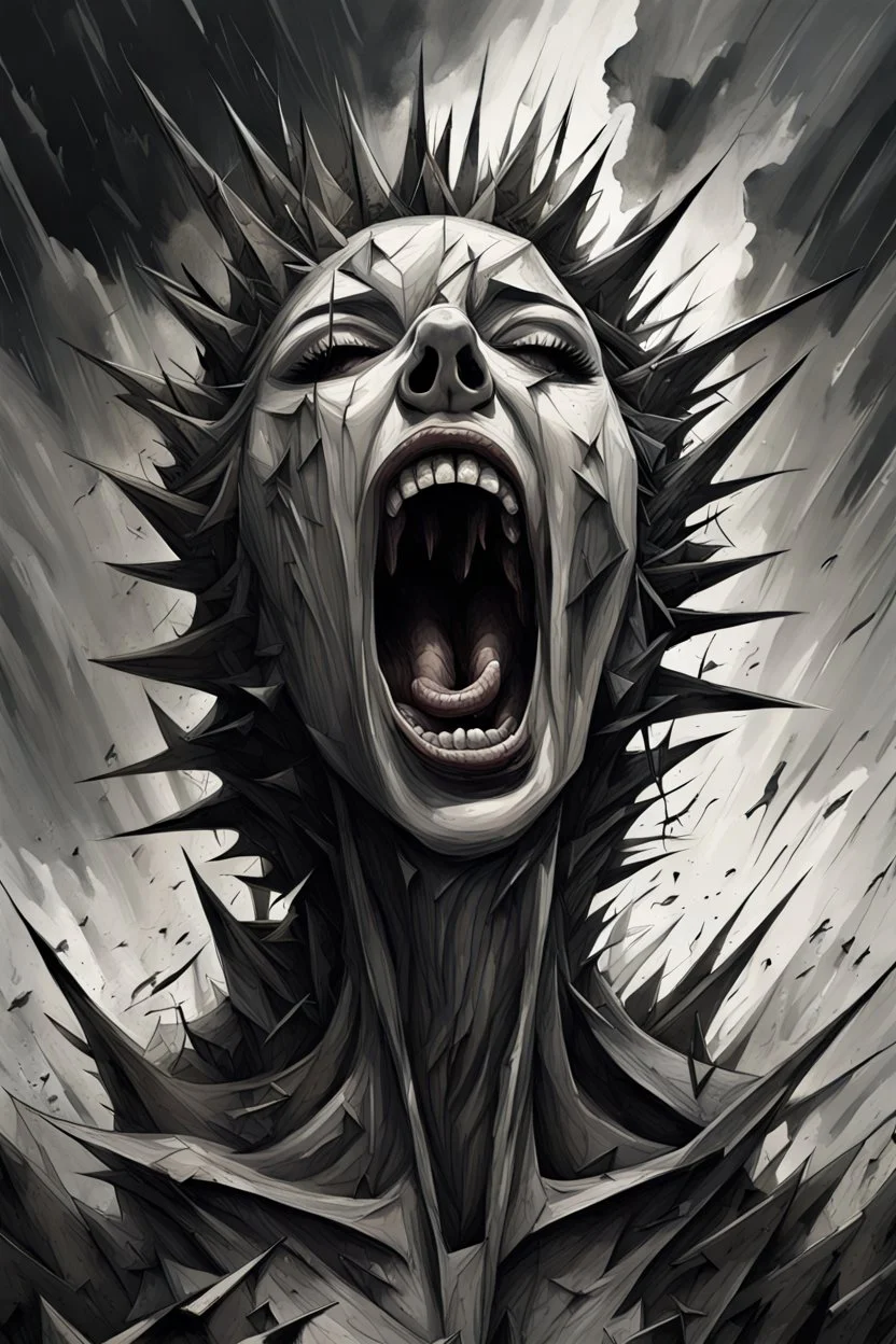 suffering woman creature roar, gray weird sky, storm, distopic, weird and surreal mood, highly detailed, dark sad, thriller atmosphere, sharp, metallic edges, around spikes, tall walls, , broken pieces, shattered face, cracks, everhere, hyperdetailed, greyscale, pale light, crepy stunning, drawing and ink , abstract shapes floating in dark space, metal lines, deep colors, dramatic shadows, dark mood