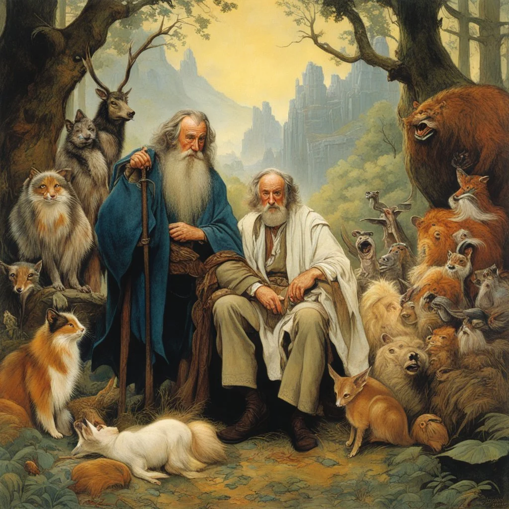 [art by Norman Rockwell: three Middle-earth Istaris are Jonathan Pryce, Sylvester McCoy and Jean Rochefort] Radagast, with his unkempt hair and a menagerie of animals, shared a hearty chuckle with Saruman, the wise and cunning Istari. And there, in the midst of it all, stood Gandalf, a twinkle in his eyes as he joined in the mirth.Their laughter echoed through the night, a rare moment of camaraderie amidst the chaos of their journeys.