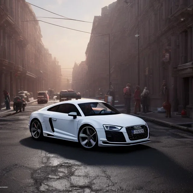 an Audi year 2000,ultra realistic,concept, 4k ,on street,8k resolution, high-quality, fine-detail, parked in crowded city winter