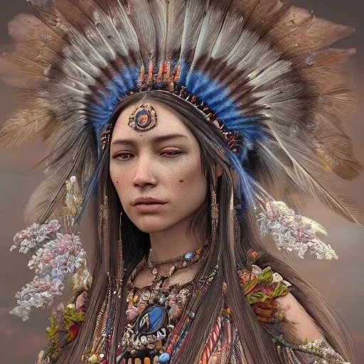 Insanely detailed photograph of an “portrait of native american goddess ” with intricate hair, intricate embroidered dress, beautiful clear face and hyperdetailed painting by Ismail Inceoglu Huang Guangjian and Dan Witz CGSociety ZBrush Central fantasy art album cover art,8K, hdr, romantic, mysterious, ominous, flowers, jewelry, comfort, natural eyes, "arms open for embrace"intricate and detailed headdress