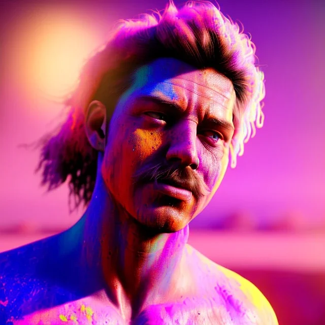 Ultra realistic portrait, color holi festival style, night scene. Naked dancer Strong man, waist up view, happy, color smoke, highly detailed, concept art, unreal engine 5, god rays, ray tracing, RTX, lumen lighting, ultra detail, volumetric lighting, 3d, finely drawn, high definition, high resolution.