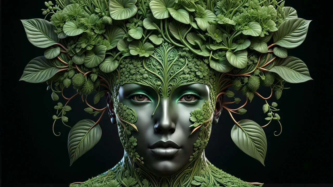3D rendering of Expressively detailed and intricate of a hyperrealistic “ human head detailed with organic form”: front view, symetric, green glossy plant vines, anatomy, symmetric, scientific, baroque ornament, single object, vivid colour, black background, cosmic fractals, octane render, 8k post-production, dendritic, artstation: award-winning: professional portrait: atmospheric: commanding: fantastical: clarity: 16k: ultra quality: striking: brilliance: stunning colors: amazing depth