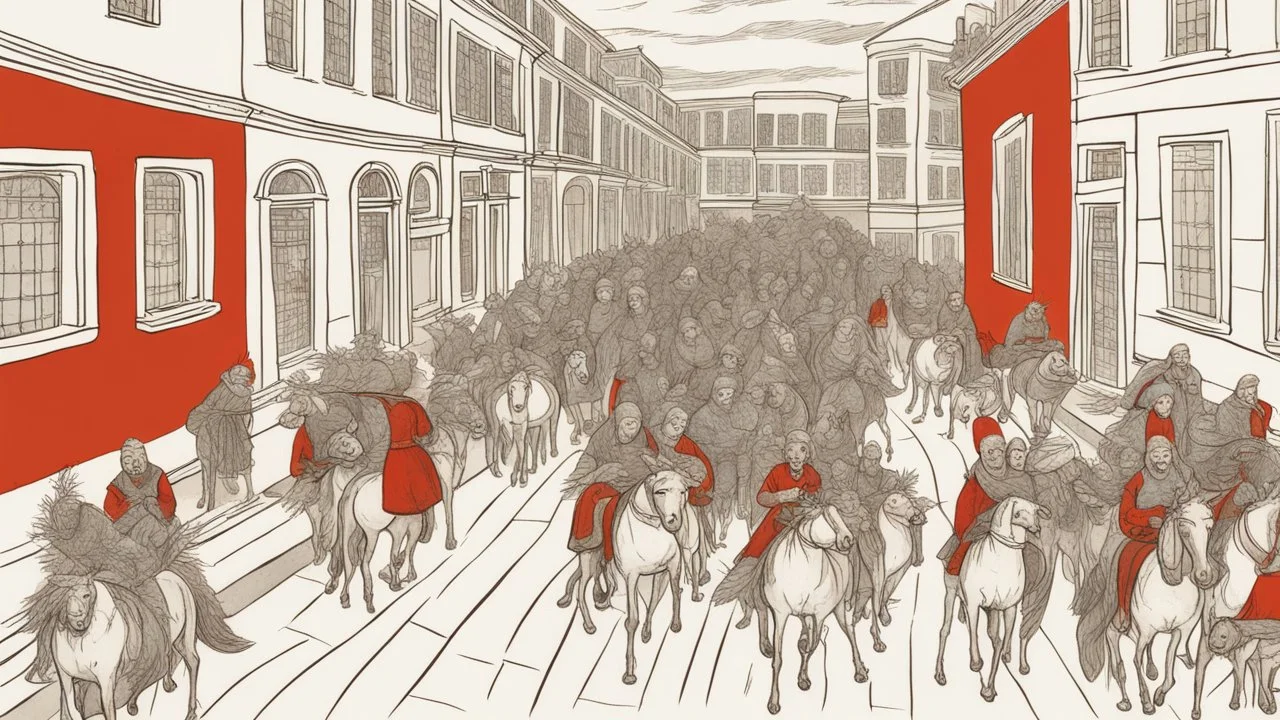 There were people standing on the road between two—storey buildings - an administrative and a shopping center of gray-red color. About fifteen people. Some sat on horses — strange, bizarre, crooked and sick animals, which could still be guessed at by their ancient relatives. It was as if some not quite adequate artist had tried: he depicted it with crooked strokes, forgetting to finish painting the eye, wool or other detail. One has no front leg, the other has a hind leg, the third side has flow