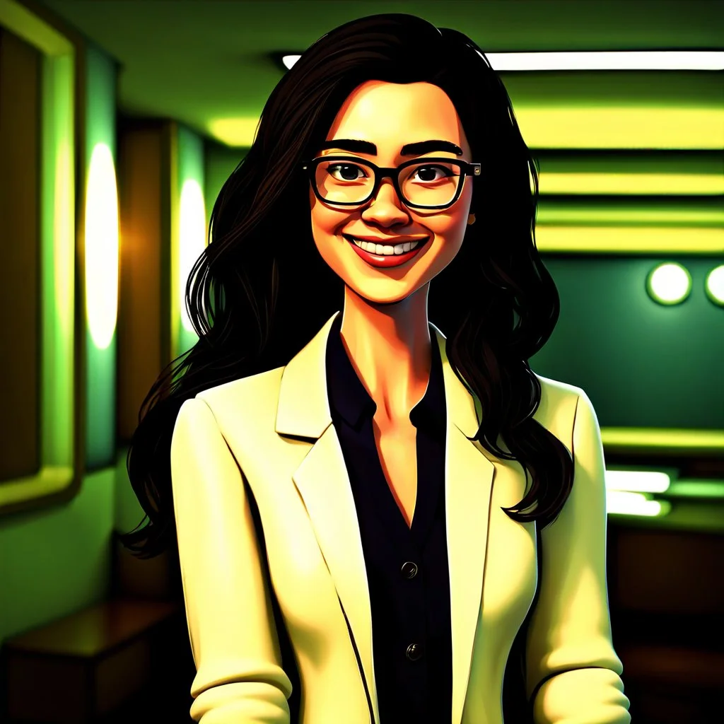 a portrait of smiling woman wearing ivory blazer with white shirt inside. long black hair, messy hair. light skin. black eye pupils. big nose. pear face shape. wearing small rectangle glasses, transparent glasses frame. thick eyebrow. pixar style. caricature. 3D. 4k. portrait. highly detailed. sharp focus. high resolution. full color. cinema lighting