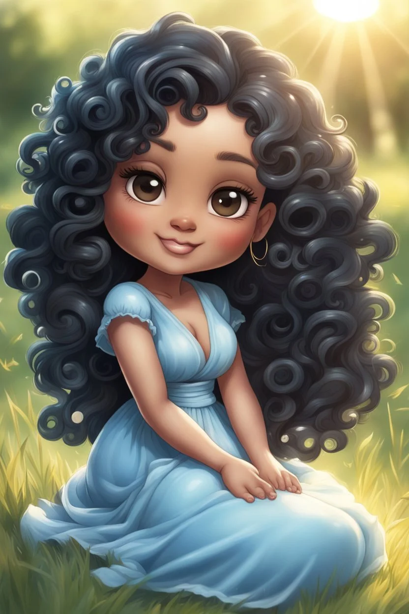 An airbrushed chibi black cartoon of a curvaceous woman with flowing of curly twisted of black hair that's highly detailed, wearing a light blue maxi dress. She sits relaxed on the grass facing the warm sunlight, which illuminates her face as she looks to the side with a small smile, accentuating her prominent makeup and brown eyes.