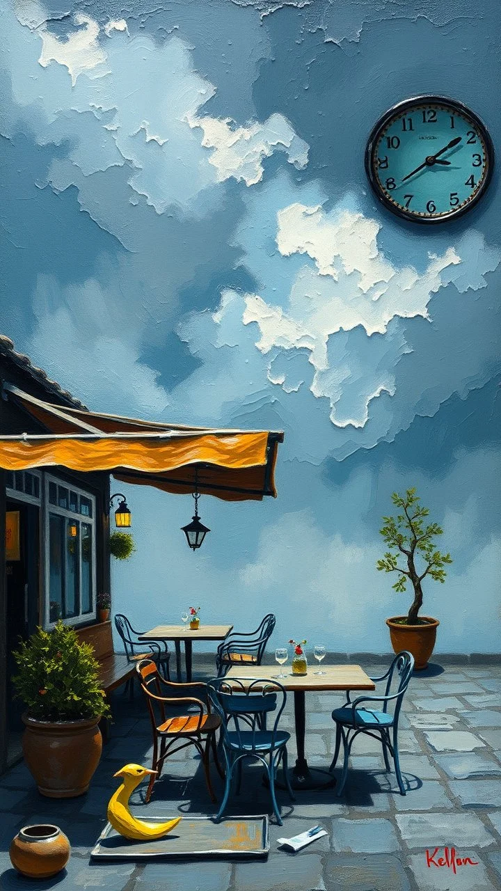 Oil painting rough knifes style with dark blue cafe with outdoor tables and dark cloudy sky