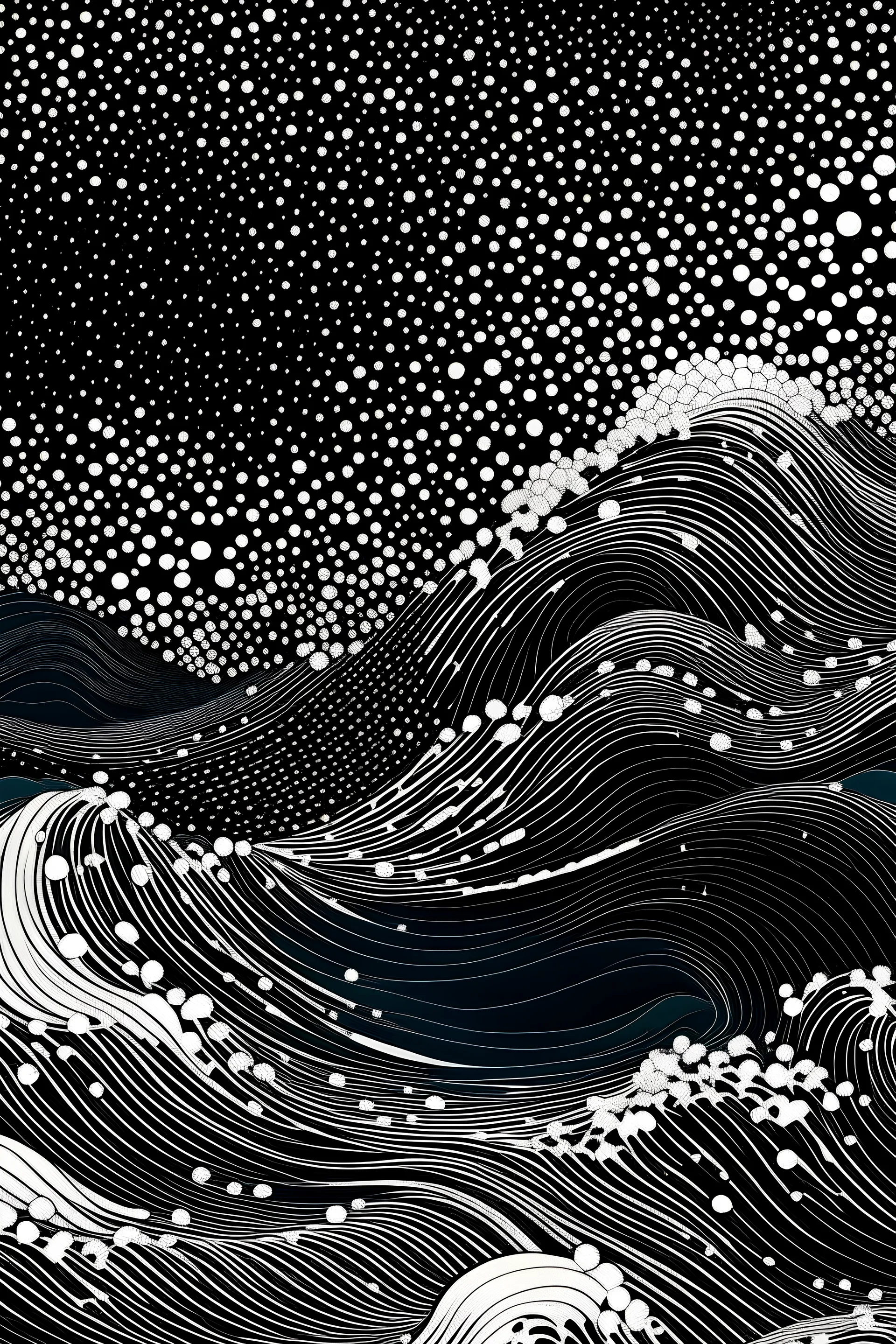 The illustration depicts a seamless wave pattern stretching across the page. Waves of varying sizes and shapes overlap and cascade downwards, creating a dynamic and fluid composition. The waves transition from darker shades of black at the bottom to lighter shades towards the top, mimicking the depth and movement of the ocean. Small details like foam and bubbles can be found within the waves, adding depth and realism to the scene.