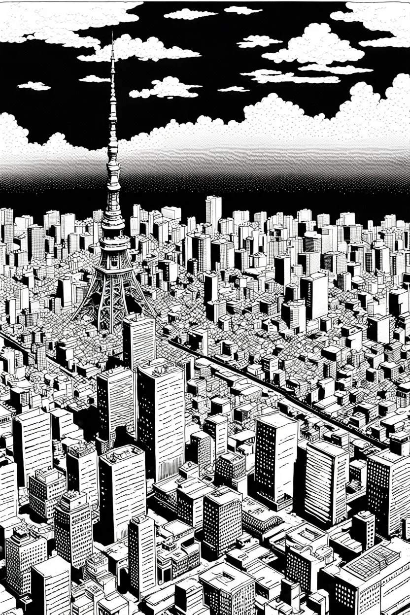 Tokyo city view from very above. manga style, black and white, no pattern