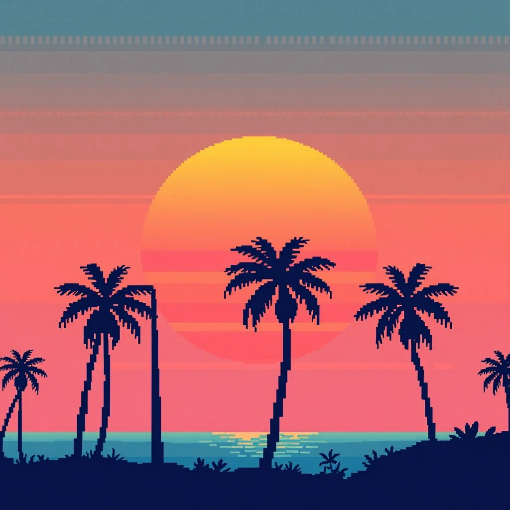 8 bit pixelart of sun, palmtrees synthwave,