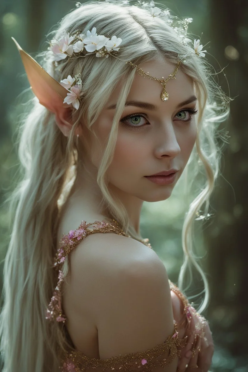 Pointed elven ears,Blonde hair ,Pink dress,Sparkling fairy wings,Very long golden hair,Fairy crown,pointed ears,elven ears,fairy wings,water lilies,sparkling,glittering,flowers,blossoms,golden crown,light pink dress