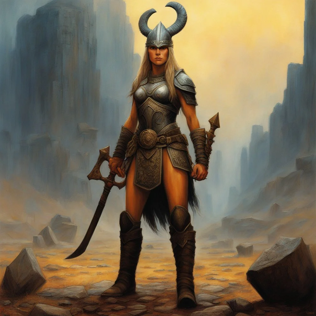 at the good place [art by Zdzisław Beksiński] Kristen Bell as a barbarian warrior with boots and her battle axe