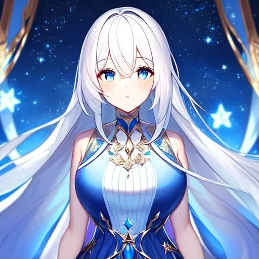 girl, masterpiece, best quality, volumetric lighting, detailed outfit, perfect eyes, white hair, blue eyes, long hair, starry dress,