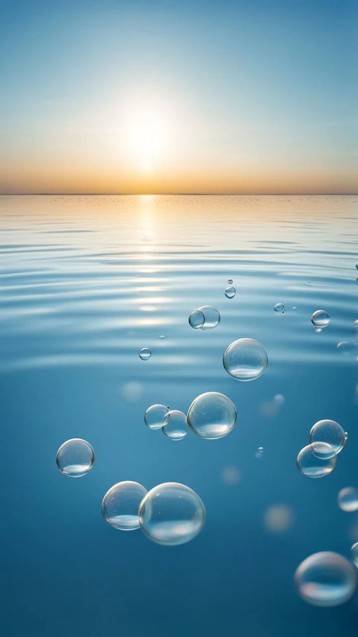 bubbles floating over water with clear blue sky and a low horizon, stock photography