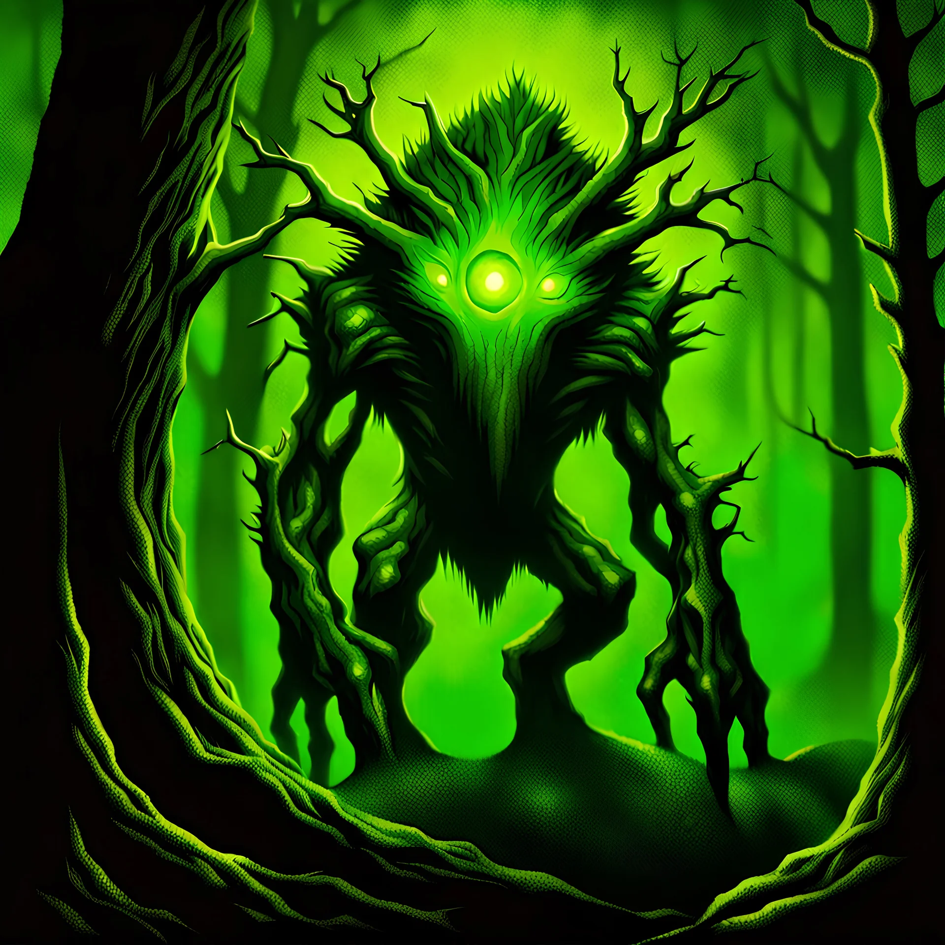 90's TCG art retro fantasy art of tree creature with glowing green eyes