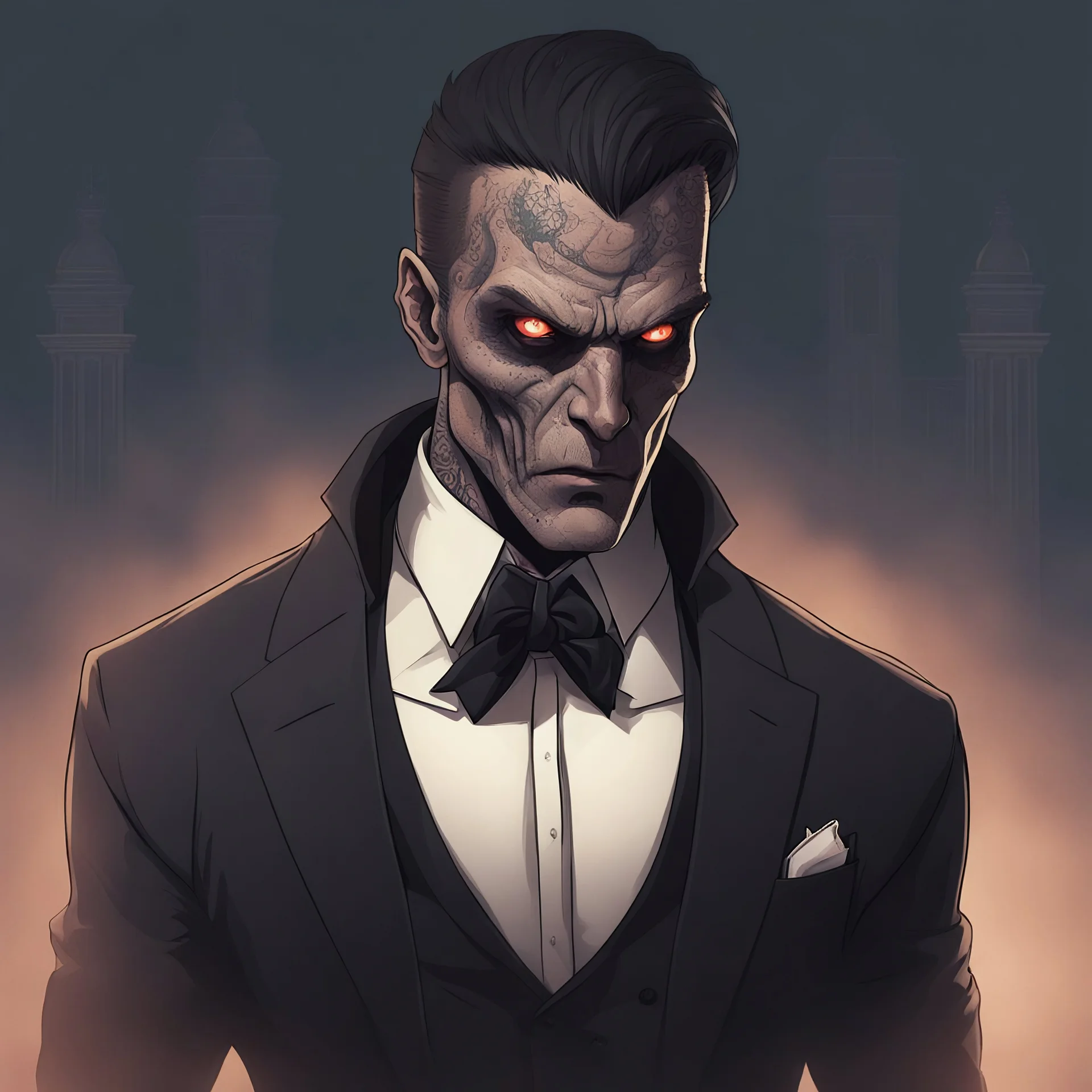 A profile picture for a youtube channel that tells horror stories. Ominous. Wearing Half Mask. Male character. Dark. Suit. Handsome. looking at the camera. tattoos. goth. unique character and colors. less scary but more attractive. 20s age. Make sure to add a mask of some sort