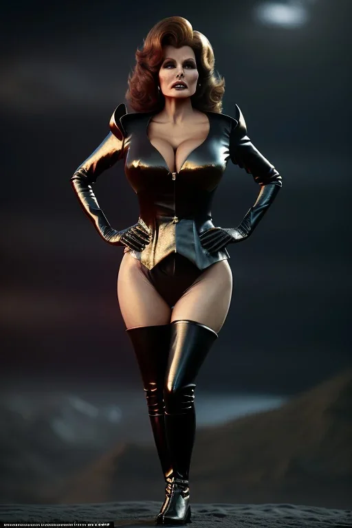 Raquel Welch as evil queen in black leather gown, angry, busty, curvey, cleavage, unreal 5, octane render, cinema4d, dynamic lighting, dramatic lighting, 4k, redshift render, highly detailed, hyper realistic