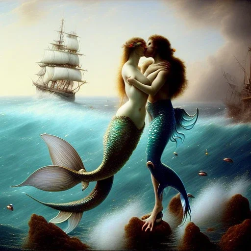 A beautiful portrait of a two mermaid couple kissing , leaning on a ships deck ,Rough sea in the background, a shark,snails, seashells (digitall art by Eugene de Blaas and Ross Tran, vibrant color scheme, highly detailed, in the style of romanticism, cinematic, artstation best quality, realistic lighting, masterpiece portrait, details light dusting , cowboy shot from above, simple chain hauberk Vector art digital illustration 3D shading )